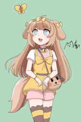 Rule 34 | 1girl, :3, ahoge, animal ears, bell, blue eyes, blush, bow, brown hair, bug, butter (trickcal), butterfly, collar, dog ears, dog girl, dog tail, fang, green background, hair bow, highres, insect, jingle bell, long hair, majinmallow, neck bell, open mouth, pink shorts, ribbon, shirt, short sleeves, shorts, simple background, smile, solo, striped clothes, striped thighhighs, tail, thighhighs, thighs, trickcal, white shirt, yellow shirt