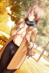 Rule 34 | 1futa, blush, breasts, brown eyes, brown hair, censored, coat, cold, exhibitionism, futanari, kawai fuguri, large breasts, long hair, naked coat, newhalf, no panties, no shirt, open clothes, open coat, outdoors, pantyhose, penis, public indecency, scarf, solo, testicles
