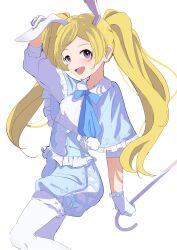 Rule 34 | 1girl, :d, absurdres, animal ears, blonde hair, blue capelet, blue ribbon, blue shorts, blush, cane, capelet, cowboy shot, emily stewart, fake animal ears, frilled capelet, frills, from side, gloves, hand on headwear, highres, holding, holding cane, idolmaster, idolmaster million live!, idolmaster million live! theater days, long hair, neck ribbon, ooho0216, open mouth, pantyhose, parted bangs, purple eyes, rabbit ears, ribbon, shorts, sidelocks, simple background, smile, solo, twintails, white background, white gloves, white pantyhose