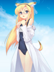 Rule 34 | 1girl, animal ears, black one-piece swimsuit, blonde hair, blue eyes, cat ears, cat tail, dasoku sentarou, fang, fox ears, glasses, hairband, lab coat, no pants, one-piece swimsuit, open clothes, open mouth, outdoors, school swimsuit, sky, solo, swimsuit, swimsuit under clothes, tail