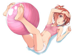 Rule 34 | 10s, 1girl, :o, armpits, ball, bare legs, barefoot, blush, exercise ball, feet, full body, legs up, looking at viewer, lying, michairu, navel, on back, open mouth, red eyes, red hair, short shorts, shorts, simple background, soles, solo, sports bra, sweat, toes, white background, yuuki yuuna, yuuki yuuna wa yuusha de aru, yuusha de aru