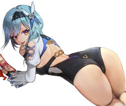 Rule 34 | 1girl, :p, absurdres, aqua hair, ass, backless leotard, cellphone, character name, eula (genshin impact), fingerless gloves, genshin impact, gg amang, gloves, hair ornament, hairband, highres, holding, holding phone, leotard, long sleeves, looking back, lying, nail polish, on stomach, phone, purple eyes, simple background, smile, solo, thighs, tongue, tongue out, white background