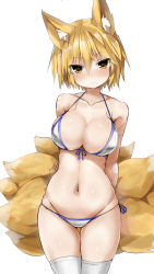Rule 34 | 1girl, absurdres, animal ears, arms behind back, bikini, blonde hair, breasts, collarbone, cowboy shot, fox ears, fox tail, front-tie top, greatmosu, heart, heart-shaped pupils, highres, large breasts, looking at viewer, multiple tails, navel, no headwear, shiny skin, short hair, side-tie bikini bottom, simple background, skindentation, smile, solo, stomach, strap gap, swimsuit, symbol-shaped pupils, tail, thigh gap, thighhighs, thighs, touhou, white background, white thighhighs, yakumo ran, yellow eyes