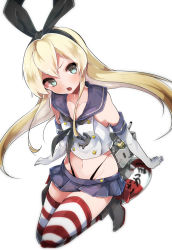 Rule 34 | 10s, 1girl, anchor, anchor hair ornament, blonde hair, blush, cannon, collarbone, detached sleeves, elbow gloves, gloves, green eyes, groin, hair ornament, hairband, kantai collection, lifebuoy, long hair, miniskirt, navel, open mouth, personification, rensouhou-chan, school uniform, shimakaze (kancolle), skirt, solo, striped clothes, striped thighhighs, swim ring, takeshima eku, thighhighs, very long hair, weapon, white background