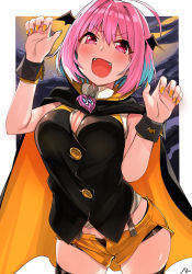 Rule 34 | 1girl, ahoge, bat wings, black cape, black thighhighs, black vest, blue hair, border, breasts, buttons, cape, claw pose, cleavage, collared vest, cowboy shot, fangs, hair between eyes, hair intakes, halloween, halloween costume, hands up, head wings, highres, idolmaster, idolmaster cinderella girls, large breasts, leaning forward, legs apart, looking at viewer, multicolored hair, nail polish, night, night sky, open fly, open mouth, orange cape, orange nails, orange shorts, pink eyes, pink hair, short hair, short shorts, shorts, sky, smile, solo, standing, thighhighs, thighs, two-tone hair, v-shaped eyebrows, vest, white border, wide hips, wing collar, wings, wrist cuffs, yanngoto, yumemi riamu
