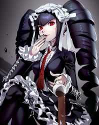 Rule 34 | 1girl, black hair, black nails, black pantyhose, blouse, bonnet, celestia ludenberg, claw ring, cross-laced clothes, cross-laced sleeves, cup, danganronpa: trigger happy havoc, danganronpa (series), datcravat, drill hair, fingernails, gothic lolita, grey background, hand to own mouth, highres, holding, holding cup, lolita fashion, long fingernails, long hair, looking at viewer, nail polish, necktie, pantyhose, print necktie, red necktie, shirt, solo, teacup, thighhighs, twintails, white shirt