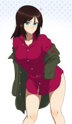 Rule 34 | 1girl, ada badguy, black hair, blue eyes, closed mouth, clothes pull, commentary request, frown, girls und panzer, gradient background, green jacket, highres, jacket, jacket pull, leaning forward, long hair, long sleeves, looking at viewer, no pants, nonna (girls und panzer), notice lines, off shoulder, partial commentary, polka dot, polka dot background, pravda school uniform, red shirt, school uniform, shirt, solo, standing, swept bangs, turtleneck, undressing