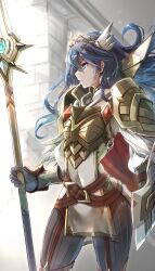 Rule 34 | 1girl, absurdres, armor, blue eyes, blue gloves, blue hair, breastplate, clear glass (mildmild1311), fire emblem, fire emblem awakening, fire emblem heroes, from side, gloves, hair ornament, highres, holding, holding polearm, holding weapon, lance, long hair, lucina (brave princess) (fire emblem), lucina (fire emblem), nintendo, official alternate costume, polearm, shoulder armor, solo, symbol in eye, weapon