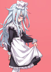Rule 34 | 10s, 1girl, alternate costume, apron, bad id, bad pixiv id, blue eyes, blush, bow, clothes lift, enmaided, hair bow, hibiki (kancolle), kantai collection, long hair, long sleeves, looking at viewer, maid, maid apron, matsuryuu, pantyhose, red background, silver hair, simple background, skirt, skirt lift, solo, verniy (kancolle), waist apron, white pantyhose