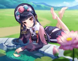 Rule 34 | 1girl, barefoot, black hair, blurry, blurry foreground, blush, bonnet, brown eyes, capelet, day, feet, flower, fur collar, genshin impact, grass, hand on own cheek, hand on own face, leaf on liquid, lilia creative, lily pad, long hair, long sleeves, looking at viewer, lotus, lying, on stomach, open mouth, outdoors, pond, ripples, skirt, sky, soles, solo, the pose, toes, very long hair, water, yun jin (genshin impact)