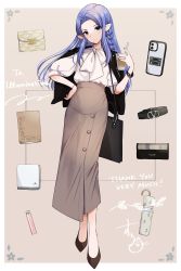 Rule 34 | 1girl, absurdres, bag, black footwear, black jacket, blue eyes, blue hair, bracelet, braid, brown skirt, cellphone, closed umbrella, commission, contemporary, cup, disposable cup, drinking straw, earrings, fate/grand order, fate (series), hand on own hip, handbag, head tilt, highres, holding, holding cup, jacket, jacket on shoulders, jewelry, light frown, long hair, long skirt, looking at viewer, medea (fate), nail polish, neru5, pencil skirt, phone, pointy ears, purple nails, ring, second-party source, shirt, short sleeves, side braid, skirt, smartphone, solo, umbrella, wedding band, white neckwear, white shirt, yin yang, yin yang earrings