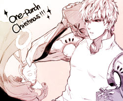 Rule 34 | 2boys, antlers, bad id, bad pixiv id, bald, black sclera, cape, christmas, colored sclera, cyborg, earrings, fake antlers, genos, gift, horns, jewelry, male focus, multiple boys, one-punch man, saitama (one-punch man), sona (sosona64), stud earrings