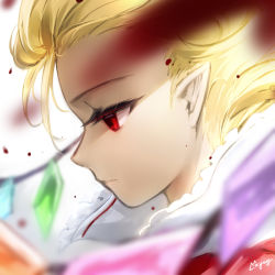 Rule 34 | 1girl, blonde hair, blood, blurry, blurry foreground, closed mouth, crystal, depth of field, flandre scarlet, looking away, maya g, pointy ears, portrait, profile, red eyes, signature, solo, touhou, white background, wings
