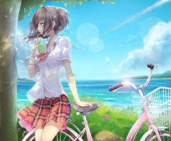 Rule 34 | 1girl, arm support, bell, bicycle, blouse, blue sky, blurry, brown eyes, brown hair, buttons, cellphone, cellphone charm, cellphone strap, charm (object), cloud, collarbone, cowboy shot, day, depth of field, drinking, drinking straw, hair bell, hair ornament, hairclip, hand up, highres, horizon, ji dan, jingle bell, lens flare, long hair, looking away, navel, neck ribbon, ocean, original, outdoors, phone, pink ribbon, plaid, plaid skirt, pleated skirt, ponytail, ribbon, scenery, see-through, shade, shirt, short sleeves, skirt, sky, smartphone, solo, star (symbol), tree, water, white shirt, wind, x hair ornament