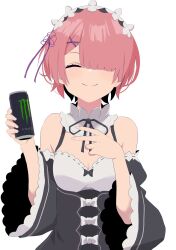 Rule 34 | 1girl, black dress, black ribbon, breasts, can, detached collar, dress, drink can, frilled sleeves, frills, hair ornament, hair over one eye, hands up, hashtag-only commentary, highres, holding, holding can, maid headdress, monster energy, pink hair, purple ribbon, ram (re:zero), re:zero kara hajimeru isekai seikatsu, ribbon, roswaal mansion maid uniform, short hair, simple background, smile, soda can, solo, v, white background, wide sleeves, x hair ornament, yasehattagi