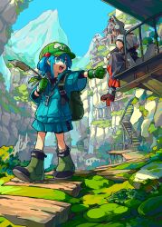 Rule 34 | 2girls, absurdres, adapted costume, animal ear hood, animal ears, backpack, bag, black skirt, blue eyes, blue hair, blue jacket, blue skirt, boots, building, cattail, day, detached sleeves, doggo 1d34, fake animal ears, gloves, green footwear, green gloves, green hat, grey hair, hair bobbles, hair ornament, hat, highres, holding, holding plant, hood, hood down, inubashiri momiji, jacket, kawashiro nitori, key, medium hair, mountain, multiple girls, nature, open mouth, outdoors, plant, pom pom (clothes), railing, red eyes, red hat, red trim, rock, signature, sitting, skirt, sleeveless, smile, standing, tail, textless version, tokin hat, touhou, walking, wolf ears, wolf girl, wolf tail