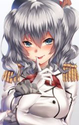 Rule 34 | 10s, 1girl, :p, beret, breasts, epaulettes, gloves, hat, kantai collection, kashima (kancolle), keita (tundereyuina), kerchief, looking at viewer, military, military uniform, silver hair, solo, tongue, tongue out, tsurime, twintails, uniform, wavy hair