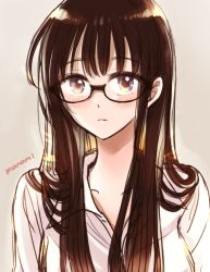 1girl black-framed_eyewear blush brown_hair collarbone collared_shirt commentary glasses grey_background himawari-san himawari-san_(character) long_hair looking_at_viewer parted_lips purple_eyes shirt signature simple_background sketch solo sugano_manami upper_body white_shirt