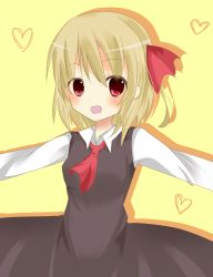Rule 34 | 1girl, bad id, bad pixiv id, blonde hair, dress, hair ribbon, heart, highres, nanaboshi (7star chan), outstretched arms, red eyes, ribbon, rumia, satisati464959630729, solo, touhou