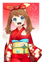 Rule 34 | 1girl, :d, bad id, bad pixiv id, blue eyes, bow, brown hair, creatures (company), floral print, game freak, gradient background, hair bow, highres, japanese clothes, kimono, long hair, looking at viewer, may (pokemon), nintendo, obi, open mouth, pokemon, pokemon oras, print bow, print kimono, red background, red bow, red kimono, sash, smile, solo, standing, twintails, upper body, white background, yuihico, yukata