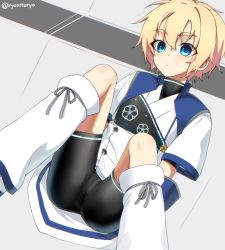 Rule 34 | 1girl, bike shorts, black shorts, blonde hair, blue eyes, cameltoe, expressionless, iris (ryou@ryou), looking down, original, parted lips, pawoo username, phantasy star, phantasy star online 2, ryou@ryou, short hair, shorts, sitting, solo, spread legs