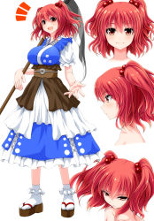 Rule 34 | 1girl, :d, ^^^, blush, breasts, character sheet, collarbone, commentary request, expressions, face, facial expressions, hair bobbles, hair ornament, highres, japanese clothes, large breasts, looking at viewer, multiple views, obi, onozuka komachi, open mouth, profile, puffy short sleeves, puffy sleeves, red eyes, red hair, sash, scythe, short sleeves, smile, touhou, twintails, two side up, watarui, white background