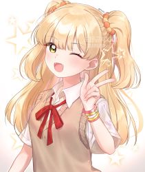 Rule 34 | 1girl, :d, ;d, beige background, blonde hair, blush, bracelet, breasts, collarbone, collared shirt, commentary request, fangs, green eyes, hair ornament, hand up, highres, idolmaster, idolmaster cinderella girls, jewelry, jougasaki rika, long hair, looking at viewer, medium breasts, neck ribbon, one eye closed, open mouth, poddo (potto), red ribbon, ribbon, shirt, short sleeves, simple background, small breasts, smile, solo, star (symbol), star print, sweater vest, two side up, upper body, w