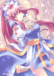 Rule 34 | 1girl, arch bishop (ragnarok online), blue dress, breasts, cleavage, cleavage cutout, closed mouth, clothing cutout, commentary, cowboy shot, cross, dress, dutch angle, eyes visible through hair, hair between eyes, headdress, highres, juliet sleeves, long hair, long sleeves, looking at viewer, medium breasts, pink eyes, pink hair, puffy sleeves, ragnarok online, sash, smile, solo, tamak rui, twitter username, two-tone dress, white dress, yellow sash