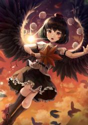 Rule 34 | 1girl, :o, absurdres, belt, bird wings, black hair, black ribbon, black skirt, black socks, blurry, cloud, cloudy sky, depth of field, falling feathers, feathers, foot out of frame, geta, gradient sky, hair between eyes, hand fan, hat, hauchiwa, highres, holding, holding fan, kneehighs, looking at viewer, mirage (rairudiseu), neck ribbon, petticoat, pointy ears, pom pom (clothes), puffy short sleeves, puffy sleeves, red eyes, red footwear, red hat, ribbon, shameimaru aya, shirt, short hair, short sleeves, skirt, sky, socks, solo, star (sky), sunset, tengu-geta, tokin hat, touhou, white shirt, wings
