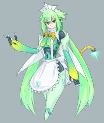 Rule 34 | 1girl, android, apron, bombergirl, bow, cropped legs, emera (bombergirl), green eyes, green hair, grey background, long hair, looking at viewer, maid headdress, serious, simple background, tail, waist apron, yellow bow