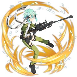 Rule 34 | 1girl, :d, absurdres, anti-materiel rifle, black footwear, black gloves, black shorts, blue eyes, blue hair, bolt action, breasts, cleavage, fingerless gloves, full body, gloves, green jacket, green legwear, gun, hair between eyes, hair ornament, hairclip, highres, holding, holding gun, holding weapon, jacket, long sleeves, official art, open clothes, open jacket, open mouth, pgm hecate ii, rifle, scarf, short hair with long locks, short shorts, shorts, sidelocks, sinon, small breasts, smile, sniper rifle, solo, sword art online, sword art online: memory defrag, transparent background, weapon, white scarf