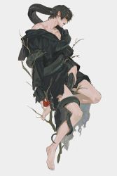 Rule 34 | 1boy, apple, barefoot, black capelet, black hair, black robe, branch, capelet, collarbone, final fantasy, final fantasy xiv, food, from side, fruit, full body, grey background, hermes (ff14), highres, holding, holding food, holding fruit, hood, hood down, hooded capelet, male focus, off shoulder, open mouth, quxiaochong, robe, short hair, simple background, single bare shoulder, snake, snake bondage, solo, torn clothes