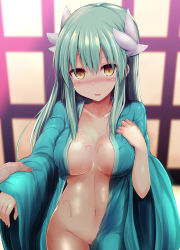 Rule 34 | 1girl, arm grab, blush, breasts, collarbone, eyes visible through hair, facing viewer, fate/grand order, fate (series), groin, hair between eyes, hand on own chest, highres, japanese clothes, kimono, kiyohime (fate), large breasts, linea alba, long hair, looking at viewer, naked kimono, navel, no bra, no panties, nose blush, open clothes, open kimono, open mouth, pov, pov hands, sen (astronomy), solo focus, sweat, thighs, wide sleeves, yellow eyes