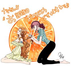 Rule 34 | 0406 100, 2girls, bellemere, breasts, brush, dress, family, food, fruit, kneeling, mohawk, mother and daughter, multiple girls, nami (one piece), one piece, orange (fruit), pink hair, plaid, plaid shirt, ponytail, shirt, shueisha, tattoo, time paradox, translation request