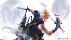 Rule 34 | 1girl, 2boys, abkc94, absurdres, armor, black gloves, black shirt, blonde hair, blue eyes, cloud strife, commentary, dual wielding, fighting stance, final fantasy, final fantasy vii, final fantasy vii advent children, fusion swords, gloves, hair between eyes, high collar, highres, holding, holding sword, holding weapon, long hair, looking at viewer, multiple boys, parted bangs, parted lips, sephiroth, serious, shirt, short hair, shoulder armor, single bare shoulder, sleeveless, sleeveless shirt, spiked hair, swept bangs, sword, tifa lockhart, twitter username, upper body, weapon
