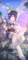 Rule 34 | 1boy, black hair, blue eyes, braid, cape, cloud, cloudy sky, collared cape, crossed legs, feet, flower, foot focus, foreshortening, frilled sleeves, frills, genshin impact, gradient hair, grass, green cape, green headwear, green shorts, highres, icecake, long sleeves, looking at viewer, lyre, multicolored hair, no shoes, pantyhose, shoes, unworn shoes, short hair with long locks, shorts, sitting, sky, soles, solo, toes, venti (genshin impact), white pantyhose