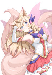 Rule 34 | 1girl, absurdres, ahri (league of legends), animal ears, arm up, bare shoulders, blue choker, blue eyes, blush, choker, circlet, detached sleeves, extra tails, eyes visible through hair, fox ears, hair between eyes, highres, kitsune, league of legends, parted lips, red skirt, simple background, skirt, smile, solo, sparkle, star guardian (league of legends), star guardian ahri, tail, thighhighs, wang0424, white background, white thighhighs