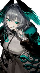 Rule 34 | 1girl, absurdres, aqua eyes, arknights, black coat, breasts, coat, dress, feathered wings, fingerless gloves, gloves, grey gloves, grey hair, hair between eyes, head wings, highres, ho&#039;olheyak (arknights), large breasts, long sleeves, looking at viewer, nail polish, open clothes, open coat, p (pm 611a), simple background, solo, tongue, tongue out, two-tone wings, white background, wings