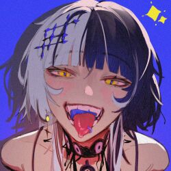 Rule 34 | 1girl, artist request, bare shoulders, black choker, black hair, blue background, blunt bangs, blush, choker, drooling, hair ornament, hololive, hololive english, long hair, looking at viewer, multicolored hair, open mouth, piercing, shiori novella, shiori novella (1st costume), smile, solo, sparkle, split-color hair, teeth, tongue, tongue out, tongue piercing, two-tone hair, virtual youtuber, white hair, yellow eyes