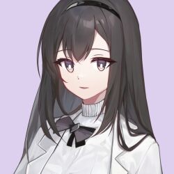 Rule 34 | 1girl, arknights, black bow, black hair, bow, brown eyes, jacket, long hair, long wuxian, looking at viewer, open clothes, open jacket, parted lips, priestess (arknights), purple background, simple background, smile, solo, sweater, turtleneck, turtleneck sweater, upper body, white jacket, white sweater