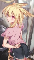 Rule 34 | 1girl, ass, black shorts, blonde hair, blush, dolphin shorts, fate/grand order, fate (series), head wings, highres, long hair, looking at viewer, looking back, mitsurugi sugar, open mouth, pantylines, pink shirt, red eyes, shirt, short sleeves, shorts, sidelocks, solo, thrud (fate), valkyrie (fate), washing machine, wings