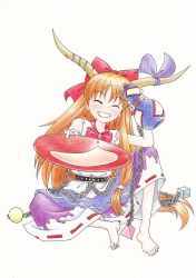 Rule 34 | 1girl, absurdres, alcohol, bad id, bad pixiv id, barefoot, belt, blush, bow, chain, closed eyes, full body, fumie (mikan to mu 83), gourd, hair bow, highres, horn ornament, horn ribbon, horns, ibuki suika, long hair, orange hair, ribbon, sake, simple background, sitting, sleeveless, smile, solo, touhou, traditional media, white background