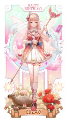 Rule 34 | 1girl, absurdres, ankle ribbon, bird, blunt bangs, bow, card, character name, closed eyes, closed mouth, crossed ankles, dove, eoe, facing viewer, fairy wings, flower, footwear bow, full body, hair ornament, hairband, happy birthday, highres, holding, holding staff, kneehighs, leg ribbon, long hair, luzao (eoe), magical girl, miniskirt, pink background, pink bow, pink flower, pink footwear, pink hair, pink hairband, pink ribbon, pink shirt, pink wings, rabbit hair ornament, red flower, renjian meihao guanceji, ribbon, shirt, skirt, sleeveless, sleeveless shirt, socks, solo, staff, standing, thigh strap, two-handed, virtual youtuber, white background, white bird, white skirt, white socks, wings