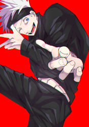 Rule 34 | 1boy, absurdres, black jacket, blindfold, blindfold lift, blue eyes, fingernails, gojou satoru, high collar, highres, jacket, jujutsu kaisen, long sleeves, looking at viewer, male focus, mznmct, one eye closed, open mouth, pants, pointing, pointing at viewer, red background, short hair, smile, solo, upper body, white hair