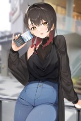 Rule 34 | 1girl, arm support, bare shoulders, black camisole, black hair, black jacket, blue pants, blurry, blurry background, breasts, brown eyes, camisole, cellphone, commentary request, denim, depth of field, gradient hair, hair between eyes, hand up, highres, holding, holding phone, jacket, jeans, looking at viewer, medium breasts, multicolored hair, off shoulder, open clothes, open jacket, original, pants, phone, red hair, solo, tapioka (oekakitapioka)