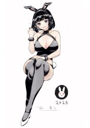 Rule 34 | 1girl, animal ears, black bra, black hair, black thighhighs, bra, breasts, chinese zodiac, cleavage, collarbone, hand up, happy new year, highres, invisible chair, large breasts, legs, leotard, light blush, light smile, long legs, looking at viewer, midriff, new year, nishi yoshiyuki, original, parted lips, playboy bunny, rabbit ears, rabbit tail, short hair, sitting, solo, tail, thighhighs, underwear, wrist cuffs, year of the rabbit
