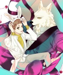 Rule 34 | 2boys, animal ears, body fur, brown hair, cherry, colored sclera, fake animal ears, fake tail, food, formal, fruit, full body, furry, furry male, fw kisskiss, green eyes, hands up, highres, holding, long sleeves, looking at viewer, male focus, multiple boys, open mouth, original, rabbit ears, rabbit tail, remnant kemonohito omegaverse, short hair, simple background, sitting, sitting on lap, sitting on person, suit, tail, turtleneck, white background, white fur, wolf boy, wolf ears, wolf tail, yellow eyes, yellow sclera