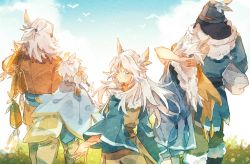 back bird cowboy_shot grey_hair highres light_whisperer lively_navigator long_hair looking_back medium_hair ponytail sky:_children_of_the_light talented_builder tinkering_chimesmith white_bird white_hair