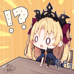 Rule 34 | !?, 0 0, 1girl, ^^^, arm support, beni shake, blonde hair, blue cape, blue dress, blush stickers, bow, cape, chair, chibi, commentary request, dress, ereshkigal (fate), fate/grand order, fate (series), fur-trimmed cape, fur trim, hair between eyes, hair bow, hat, long hair, long sleeves, purple bow, single sleeve, skull, solo, spine, table, tiara, two side up, v-shaped eyebrows