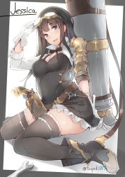 Rule 34 | 10s, 1girl, :d, black eyes, black hair, border, breasts, character name, gloves, goggles, goggles on head, granblue fantasy, highres, jessica (granblue fantasy), large breasts, long hair, looking at viewer, nanahara fuyuki, open mouth, simple background, smile, solo, thighhighs